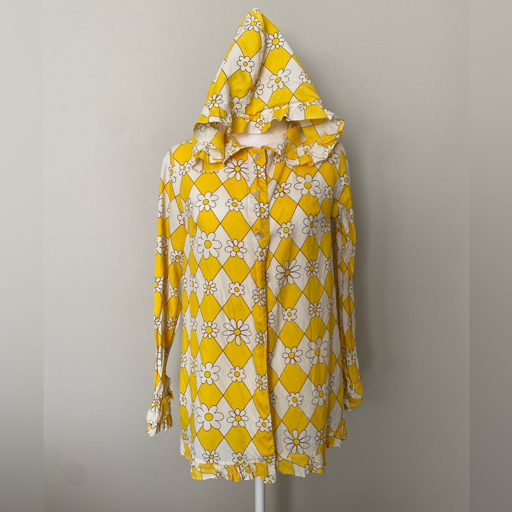 Vintage yellow daisy harlequin hooded blouse